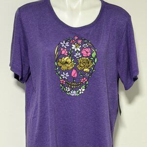 PURPLE TEE SHIRT BLOUSE WITH FLORAL SKULL NWT